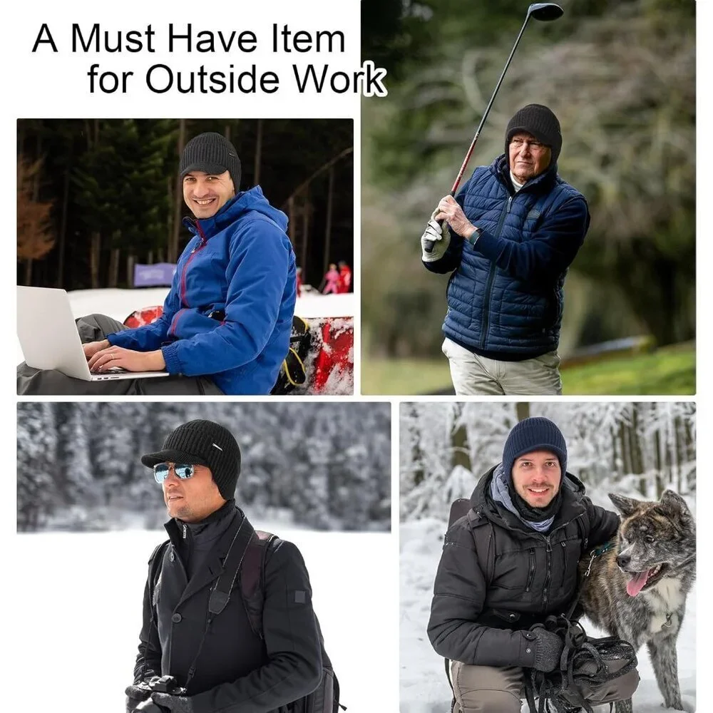 Men's Grey Winter Beanie Brim And Ear Flaps Outdoor Warm Fleece Lined Knit Hat